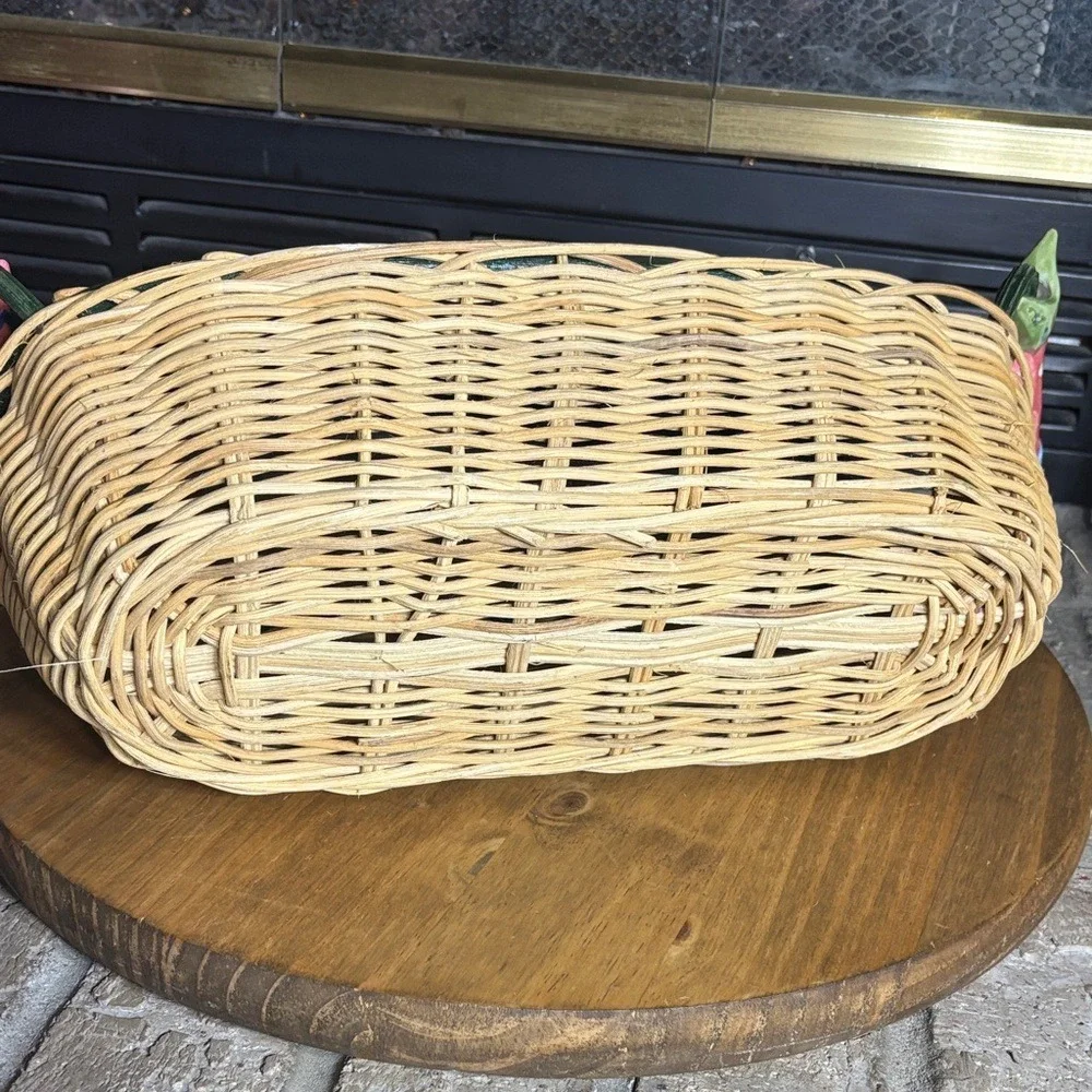 Fish Basket Wicker Ceramic Handles Nautical Beach Cottage Bread Square Lot‎ (2)